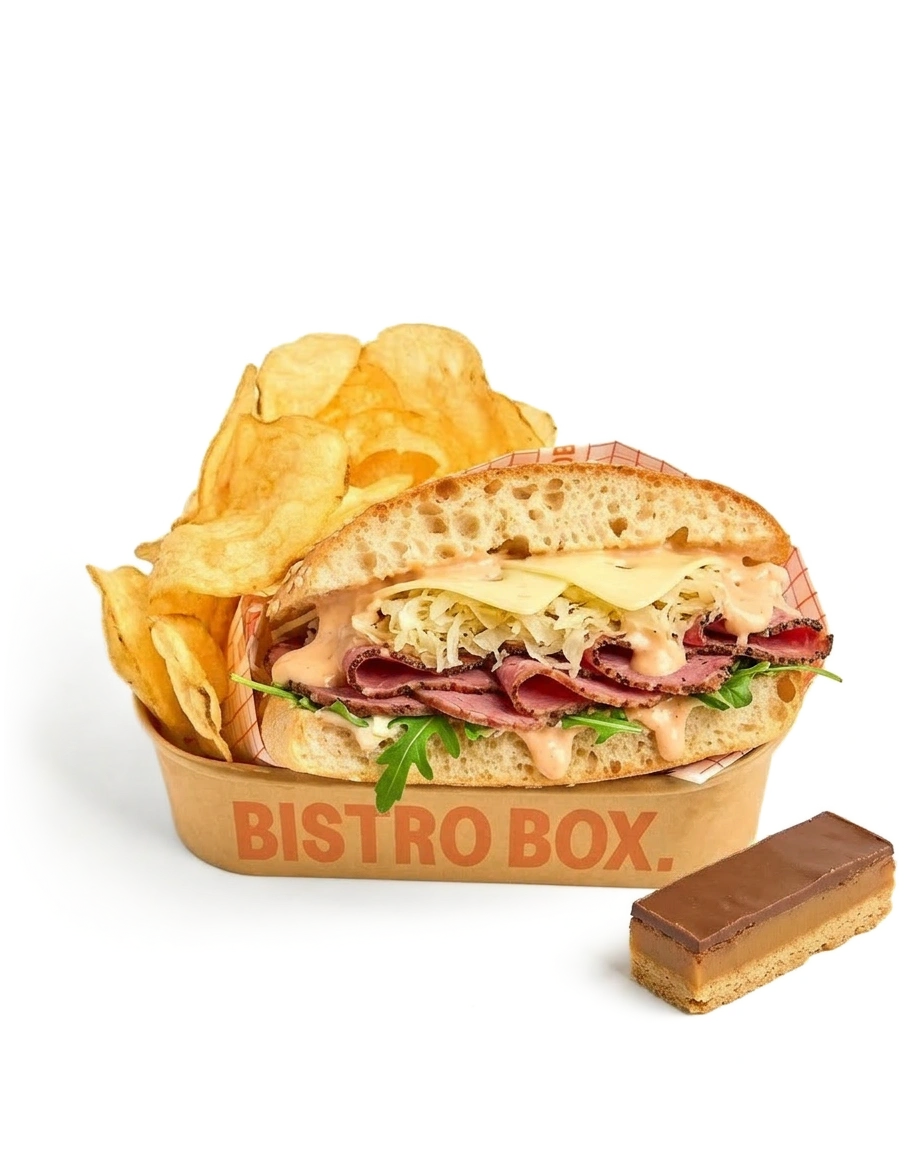 Silverside beef, pastrami, saurkraut, Swiss cheese, rueben sauce, Turkish pide